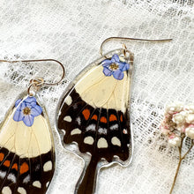 Load image into Gallery viewer, Lime swallowtail wing forget-me-not earrings

