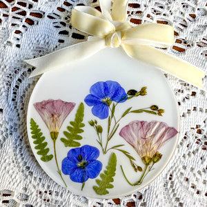 Blue flax and morning glory white circle ornament