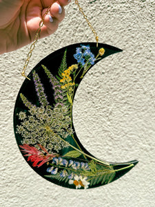 Black wildflower crescent moon wall hanging