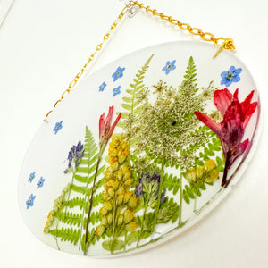 White wildflower garden small oval wall hanging