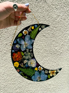 Puzzle piece wildflower crescent moon wall hanging