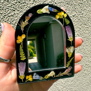 Black wildflower medley pocket mirror